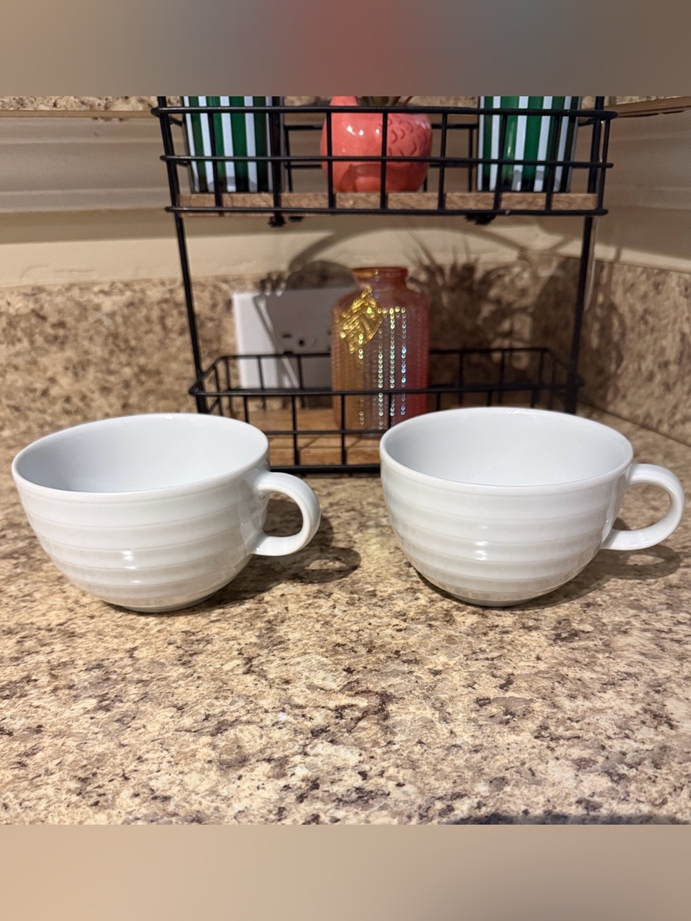 Set of 2 Crate and Barrel Roulette White Spal Porcelain Ribbed Cups
